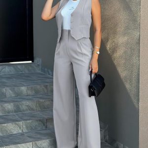 Buttoned Vest Top & Wide Leg Pants Set, Two-piece Sets, chicme - Women's Fashion Online