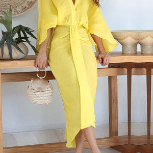 Regular Fit Vacation Regular Fit V Neck Short Sleeve Plain Maxi Dress, Maxi Dresses, color:Yellow|size:XXL, Stylewe