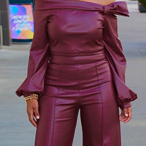 PU Elegant Plain Regular Fit Cold Shoulder Long Sleeve Faux Leather Top, Tops, color:As Picture|size:XXL, Stylewe