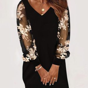 Sequin Floral Mesh Patch Casual Dress, Casual Dresses, chicme - Women's Fashion Online