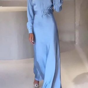 Plain Satin Shirt Collar Urban Dress With Belt, Maxi Dresses, color:Blue|size:XXL, Stylewe
