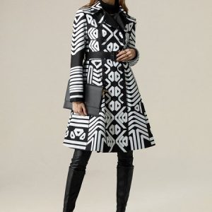 Geometric Shawl Collar Urban Trench Coat With Belt, Coats, color:Black-white|size:XXL, Stylewe