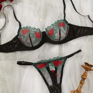 Floral Embroidery Mesh Patch Lingerie Set, Bra Set, chicme - Women's Fashion Online