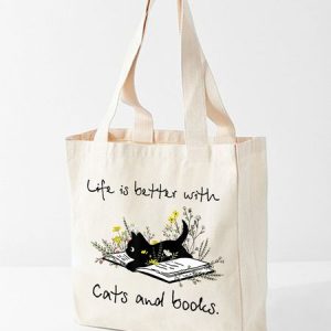 Life Is Better With Cats And Books Shopping Tote Bag, Bags, Lilicloth.com