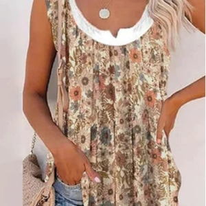 Vacation  Regular Fit Floral Tank Top, Tanks & Camis, color:Khaki|size:XXL, Noracora