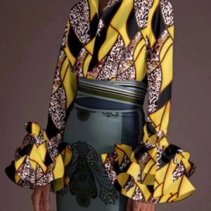 Elegant Shirt Collar Flouncing Printed  Top, Blouses and Shirts, color:Yellow|size:XXL, Stylewe