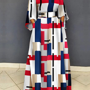 Elegant Crew Neck Three Quarter Sleeve Regular Fit Maxi Dress, Maxi Dresses, color:As Picture|size:XXL, Stylewe