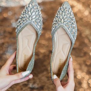 Sparkling Rhinestone Glitter Party Flat Heel Shallow Shoes, Heels, color:Golden|size:43, Stylewe