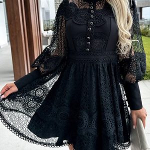 Women Plain Stand Collar Long Sleeve Comfy Casual Lace Short Dress, Dresses, color:Black|size:XXL, Noracora