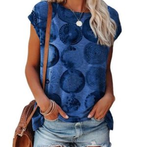 Casual Polka Dots Floral-Print Short Sleeve T-shirt, T-shirts, color:Blue|size:3XL, catalog Noracora shop