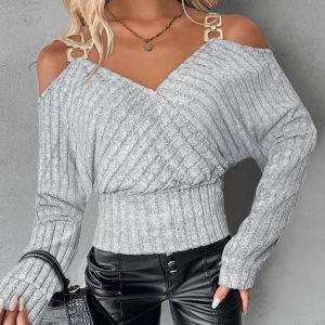 Cold Shoulder Chain Decor Ribbed Top, T-shirt & Tees, chicme - Women's Fashion Online