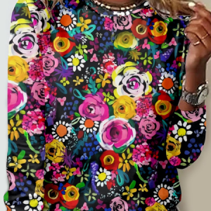 Women's Casual Crew Neck Floral Regular Fit Shirt, Long sleeves, Lilicloth.com