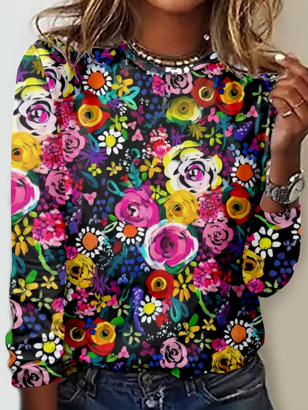 Women's Casual Crew Neck Floral Regular Fit Shirt, Long sleeves, Lilicloth.com