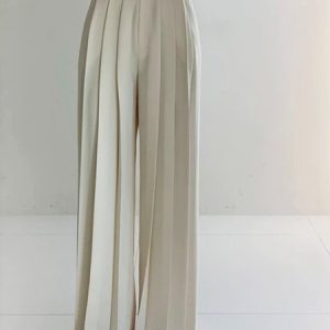 Elegant Pleated Long Wide Leg Pants, Wide Leg Pants, color:White|size:XS, Stylewe