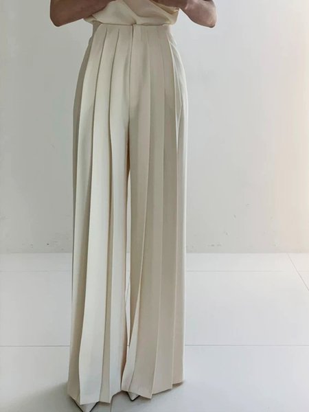 Elegant Pleated Long Wide Leg Pants, Wide Leg Pants, color:White|size:XS, Stylewe