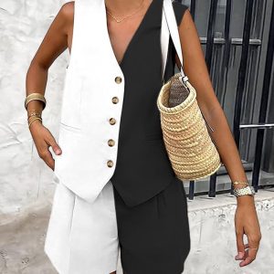 Colorblock Buttoned Vest Top & Pocket Design Shorts Set, Two-piece Sets, chicme - Women's Fashion Online