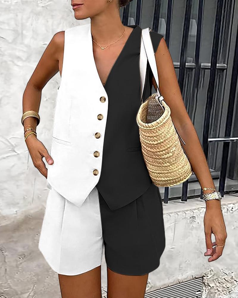 Colorblock Buttoned Vest Top & Pocket Design Shorts Set, Two-piece Sets, chicme - Women's Fashion Online