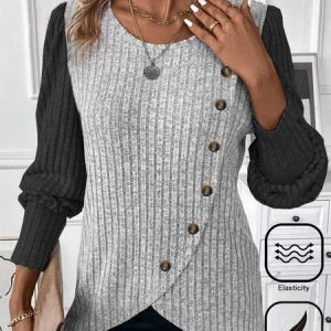 Crew Neck Long Sleeve Color Block Buckle Regular Micro-Elasticity Loose Shirt For Women, Blouses, color:Gray|size:XXL, Noracora