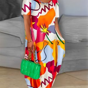 Loose Abstract Vacation Short Sleeve Maxi Dress, Maxi Dresses, color:Multicolor|size:XXL, Stylewe