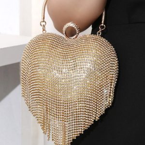 Valentine's Day Heart Shape Rhinestone Fringe Handbag Party Clutch Bag with Crossbody Chain, Bags, color:Golden|size:One-size, Stylewe
