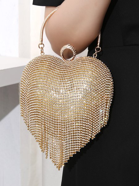 Valentine's Day Heart Shape Rhinestone Fringe Handbag Party Clutch Bag with Crossbody Chain, Bags, color:Golden|size:One-size, Stylewe