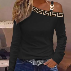 Geo Tape Patch Cold Shoulder Casual Top, T-shirt & Tees, chicme - Women's Fashion Online
