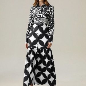 Regular Fit Geometric Shirt Collar Long Sleeve Elegant Maxi Dress, Maxi Dresses, color:Black|size:XXL, Stylewe