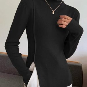 Plain Turtleneck Simple  Long Sleeve  Split  Basic Top, Tees, color:Black|size:XXL, Stylewe
