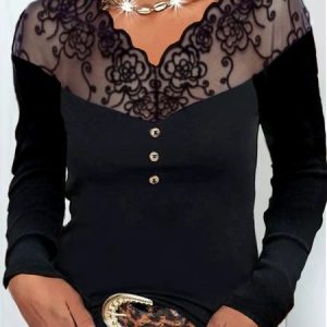 Casual Plain V Neck Long Sleeve T-shirt, T-shirts, color:Black|size:XXL, Noracora