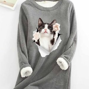 Women Funny Cat 3D print Crew Neck Loose Simple Sweatshirt, Hoodies&Sweatshirts, Lilicloth.com
