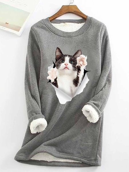 Women Funny Cat 3D print Crew Neck Loose Simple Sweatshirt, Hoodies&Sweatshirts, Lilicloth.com