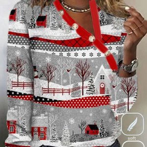 Casual Snowflake Asymmetrical Collar Long Sleeve T-shirt, T-shirts, color:Red|size:XXL, Noracora