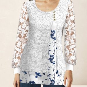 Women Blouse Elegant Crew Neck Long Sleeve Leaf Print Lace Regular Loose Shirt, Blouses, color:White|size:XXL, Noracora