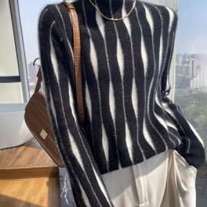 Regular Fit Striped Urban Turtleneck Sweater, Pullovers, color:Black|size:XXL, Stylewe