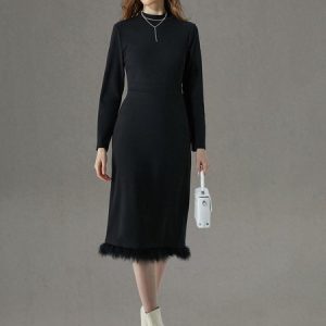 Tight Crew Neck Elegant Plain Dress, Midi Dresses, color:Black|size:XXL, Stylewe