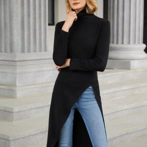 Stylewe Fall Long Sleeve Simple Turtleneck Daily Simple Daily Top, Tops, color:Black|size:XXL, Stylewe