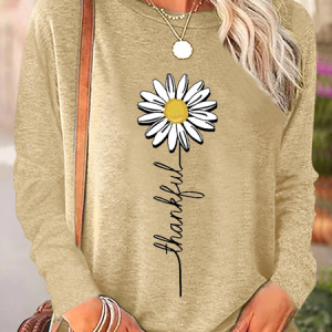 Women's Thankful Daisy Crew Neck Casual Daisy Long Sleeve Shirt, Long sleeves, Lilicloth.com