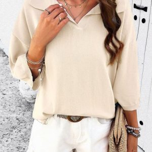 Shawl Collar Half Sleeve Plain Regular Loose Shirt For Women, Blouses, color:Apricot|size:XL, Noracora