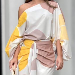 Loose Urban Abstract Cold Shoulder Shirt, Blouses and Shirts, color:Yellow|size:XXL, Stylewe