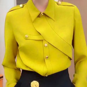 Urban Regular Fit Long Sleeve Plain Blouse, Blouses and Shirts, color:Yellow|size:XXL, Stylewe