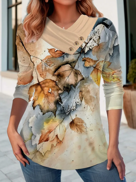 Plus Size Jersey V Neck Casual Loose T-Shirt, Long sleeves, Lilicloth.com