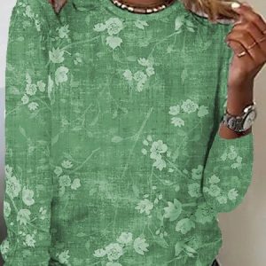 Floral Casual Loose Long Sleeve T-Shirt, T-Shirts, color:Green|size:XXL, JustFashionNow