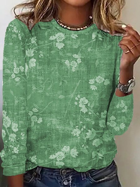 Floral Casual Loose Long Sleeve T-Shirt, T-Shirts, color:Green|size:XXL, JustFashionNow