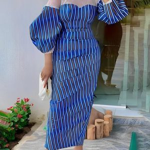 Striped Elegant Puff Sleeve Crew Neck Dress, Maxi Dresses, color:Blue|size:XXL, Stylewe