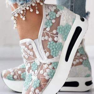 Floral Embroidery Sheer Mesh Sneakers, Sneakers, chicme - Women's Fashion Online