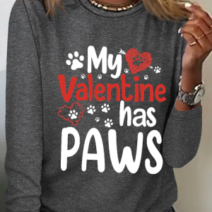 My Valentine Has Paws Simple Crew Neck Long Sleeve Shirt, Long sleeves, Lilicloth.com