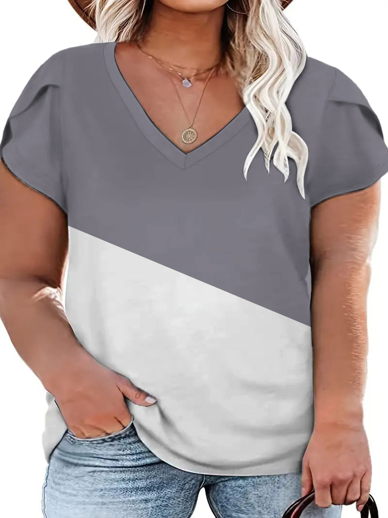 Plus Size Colorblock Petal Sleeve V-Neck T-Shirt, T-shirt(plus), chicme - Women's Fashion Online