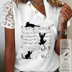 Asymmetrical Collar Long Sleeve Cat Lace Regular High Elasticity Loose Shirt For Women, Blouses, color:White|size:XXL, Noracora
