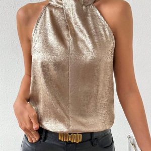 Halter Sleeveless Plain Regular Loose Shirt For Women, Tanks & Camis, color:Metallic|size:XXL, Noracora