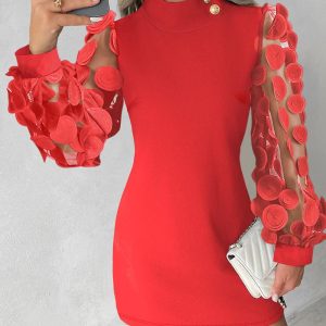 Golden Button Decor Mock Neck 3D Circle Appliques Sheer Mesh Long Sleeve Mini Dress Casual Zipper Back Party Dress, women Casual Dresses, ChicMe catalog